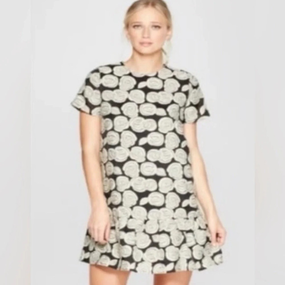 Who What Wear Floral Shift Dress Black Lined Ruffle Flower Boho Hippie Medium - Picture 1 of 7